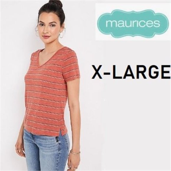 2/$25 NWT  24/7 FLAWLESS STRIPED V NECK TEE - short sleeve - split side  2-2 - Picture 1 of 2